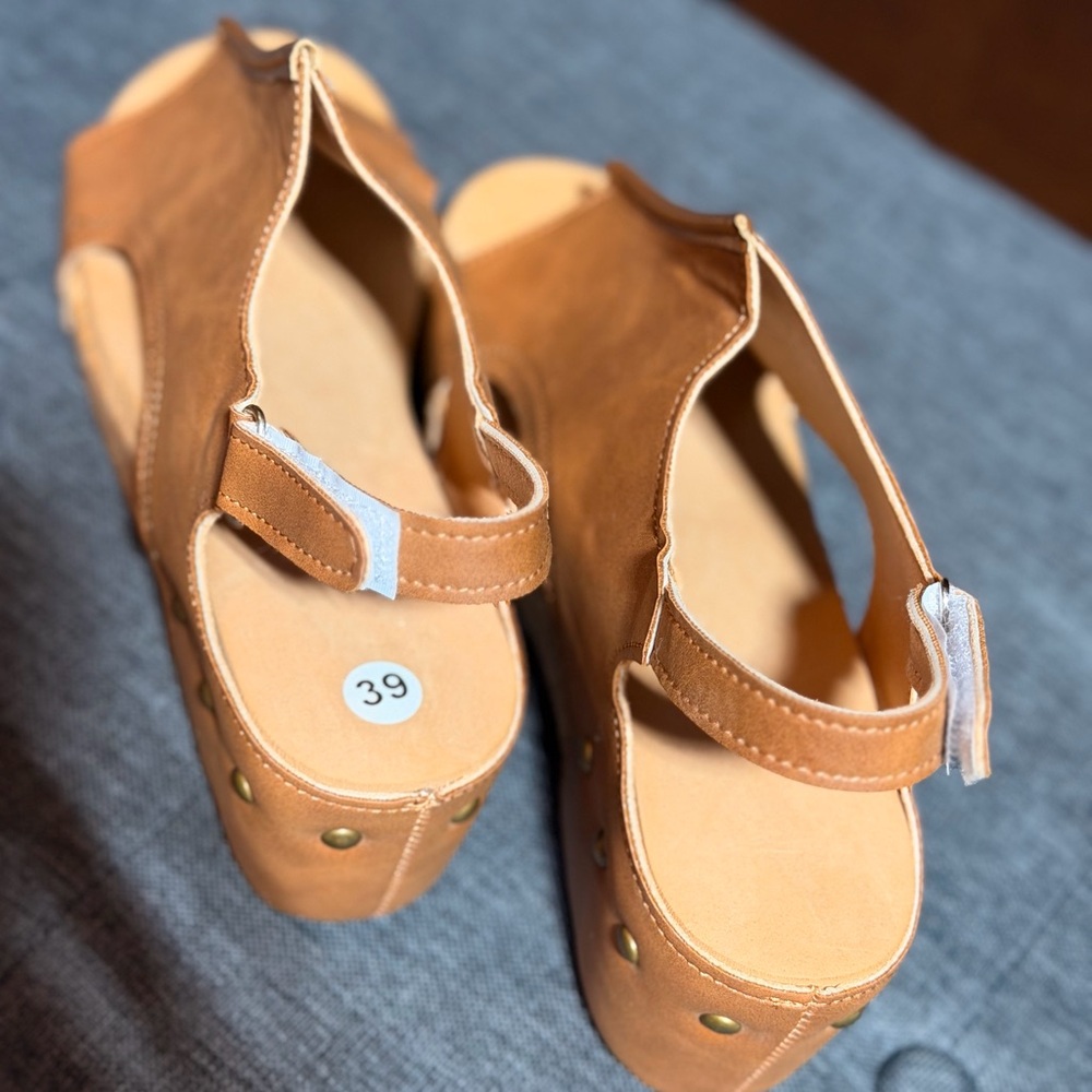 Womens Tan Open-Toe Slingback Cork Wedge Sandals - Picture 5 of 6
